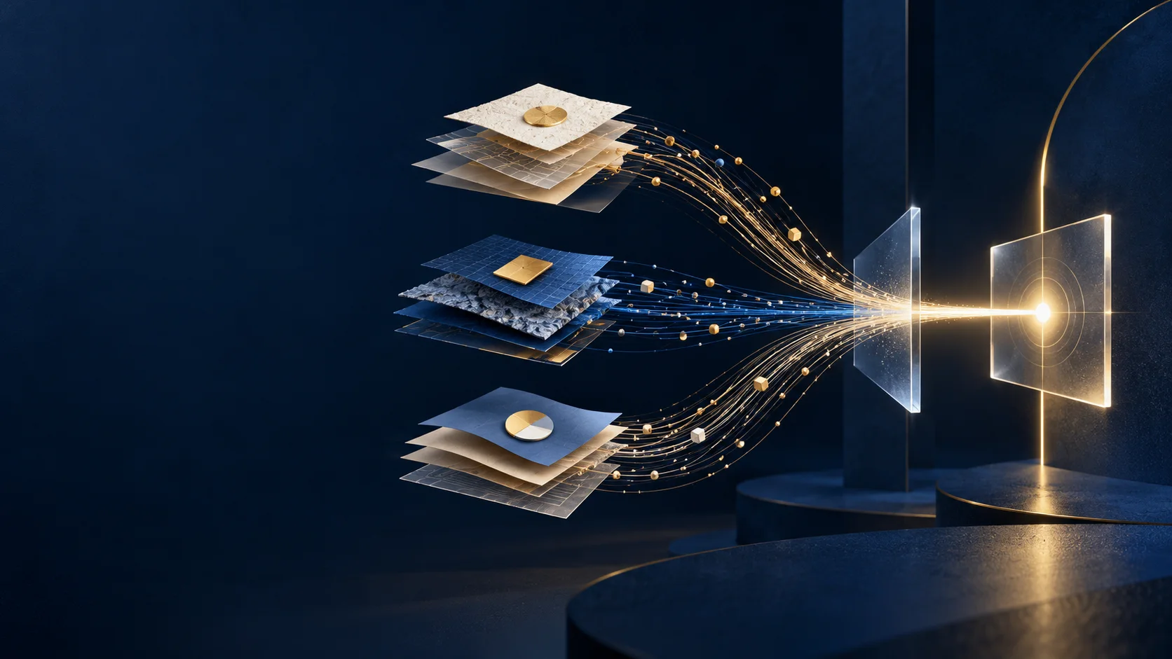 Abstract layers of public information converging into one clear signal