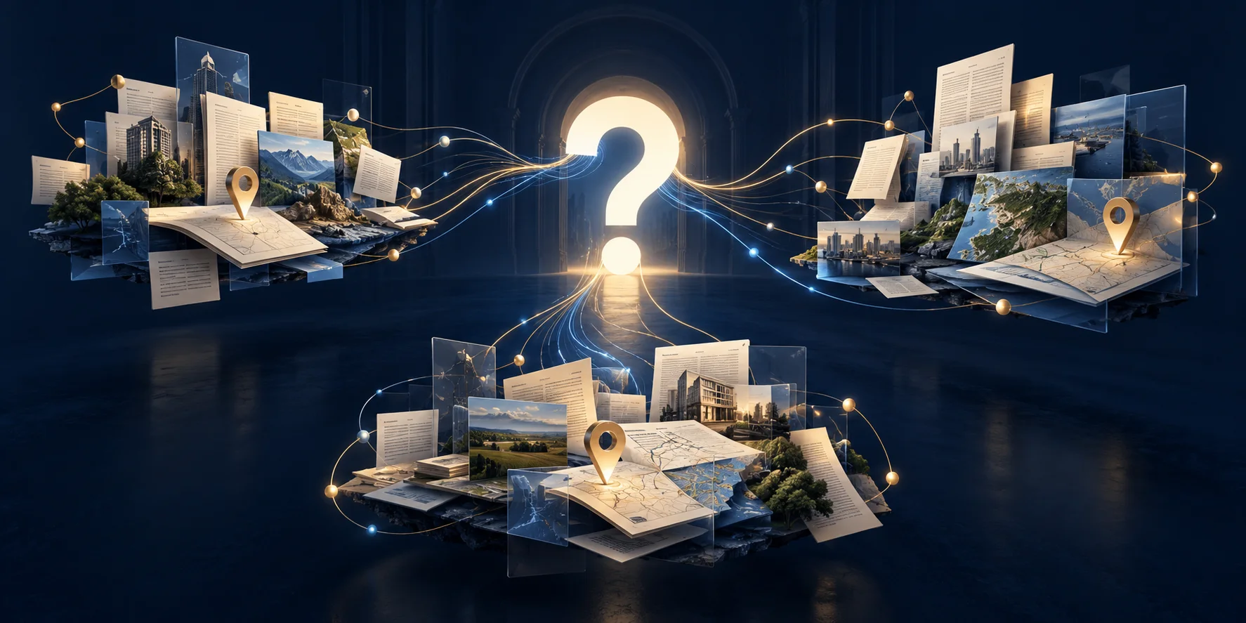 Illustrated paths from business pages, profiles and public documents toward an AI question